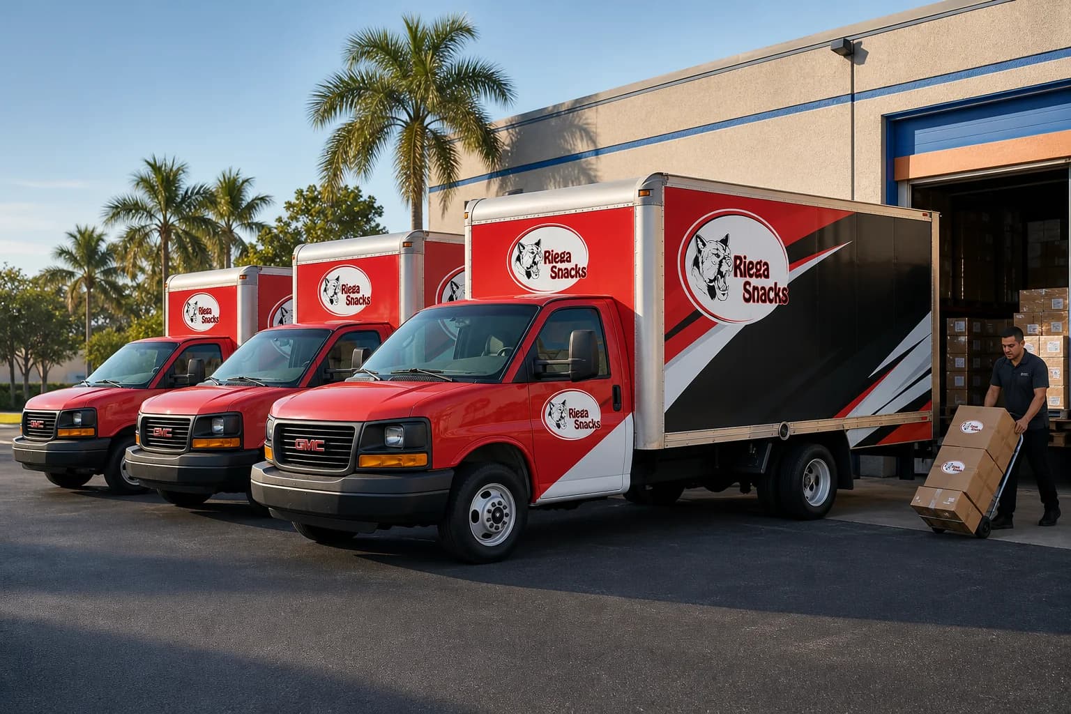Riega Snacks branded delivery trucks lined up at the Coconut Creek warehouse