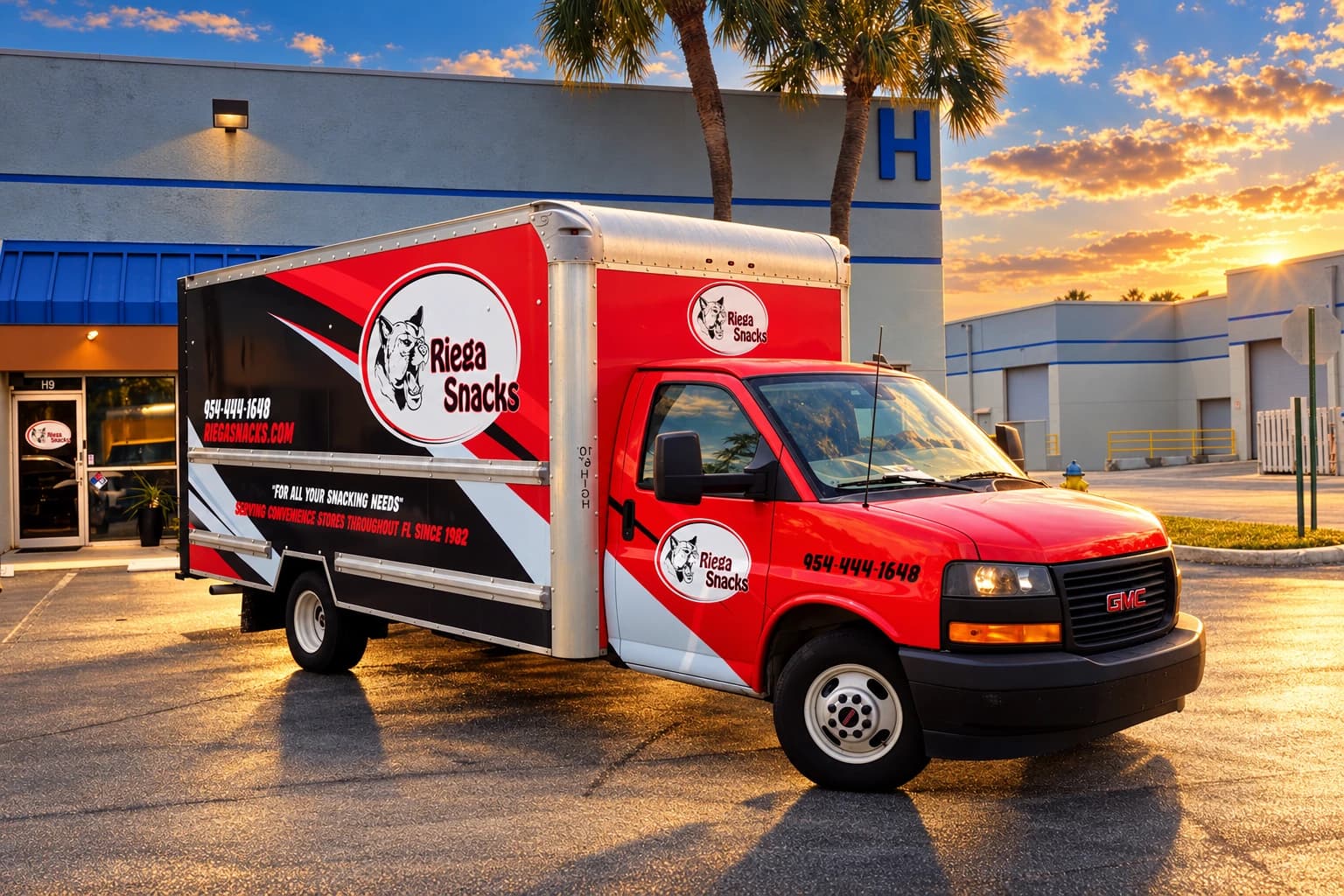 Riega Snacks delivery truck outside the Coconut Creek warehouse and Suite H-9 entrance