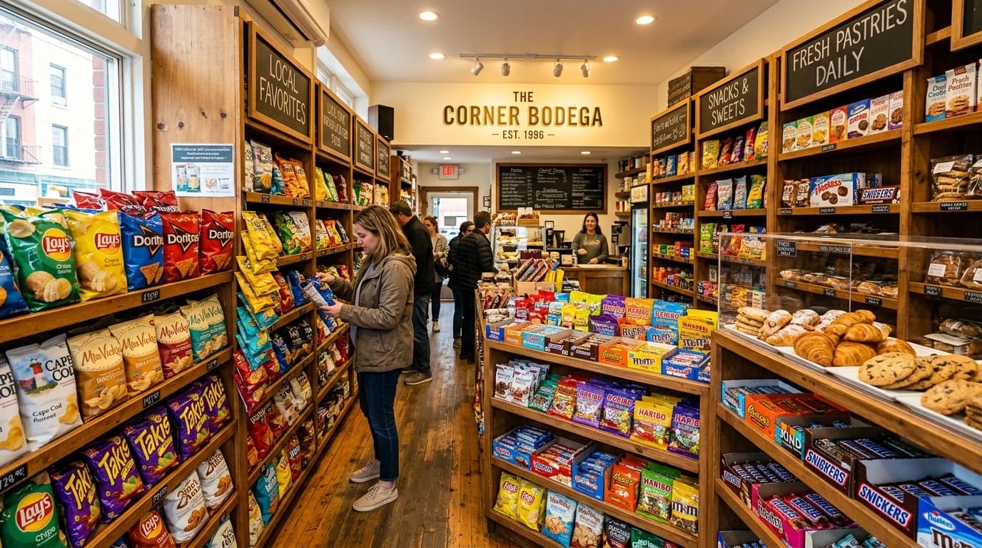 Neighborhood grocery market and bodega snack shelves