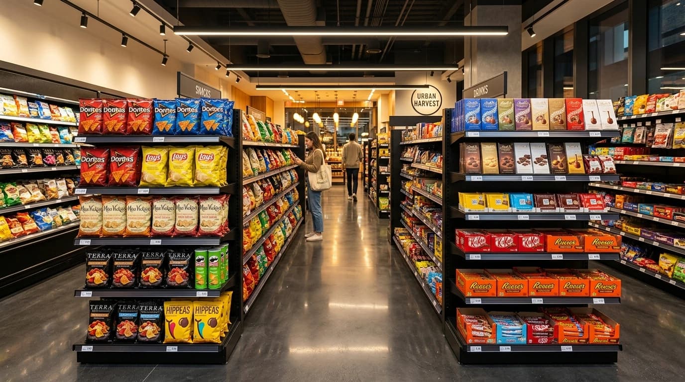 Modern convenience store snack aisle and organized retail shelving