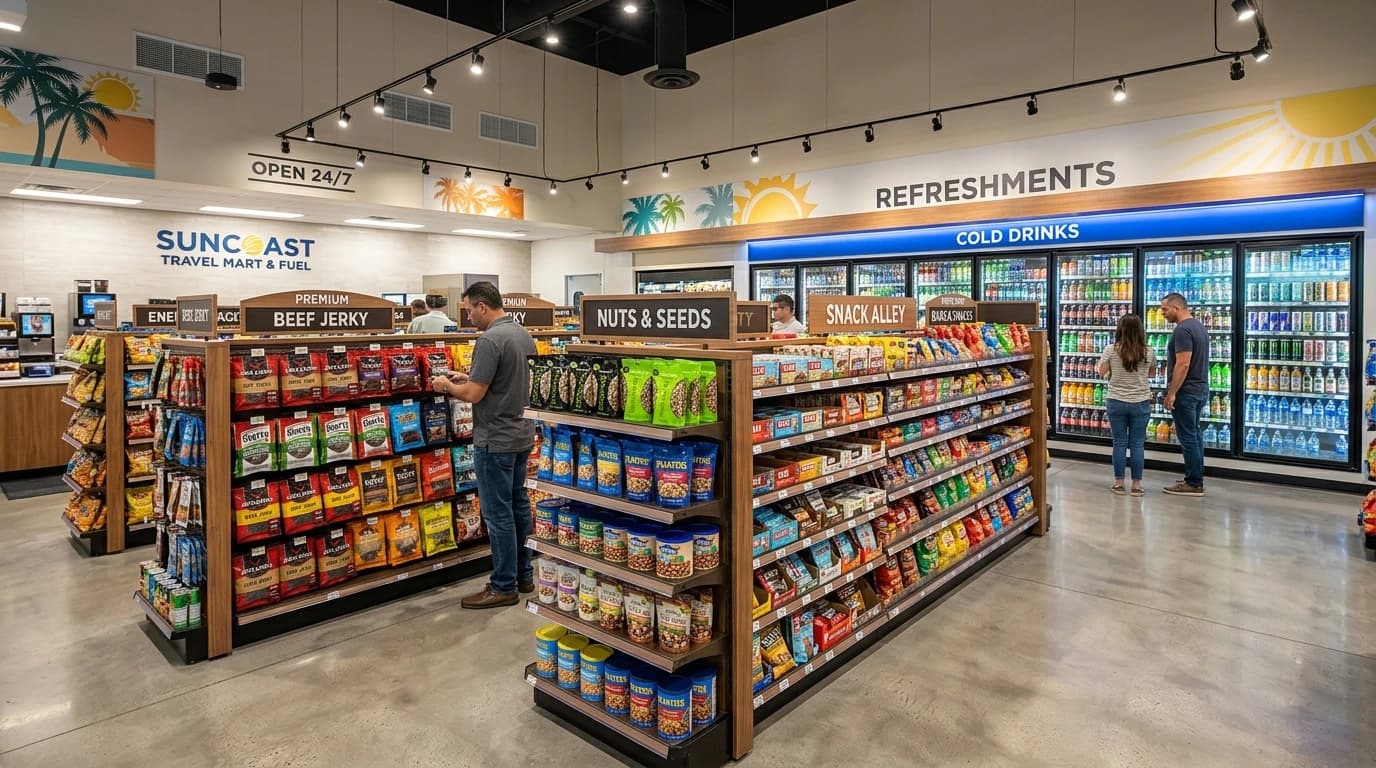 Modern highway gas station and travel plaza snack center