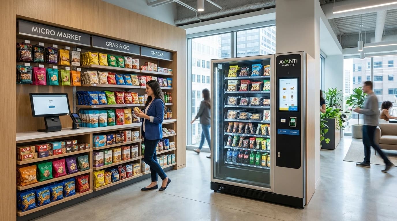 Modern office breakroom micro market snack shelves and unattended vending kiosk